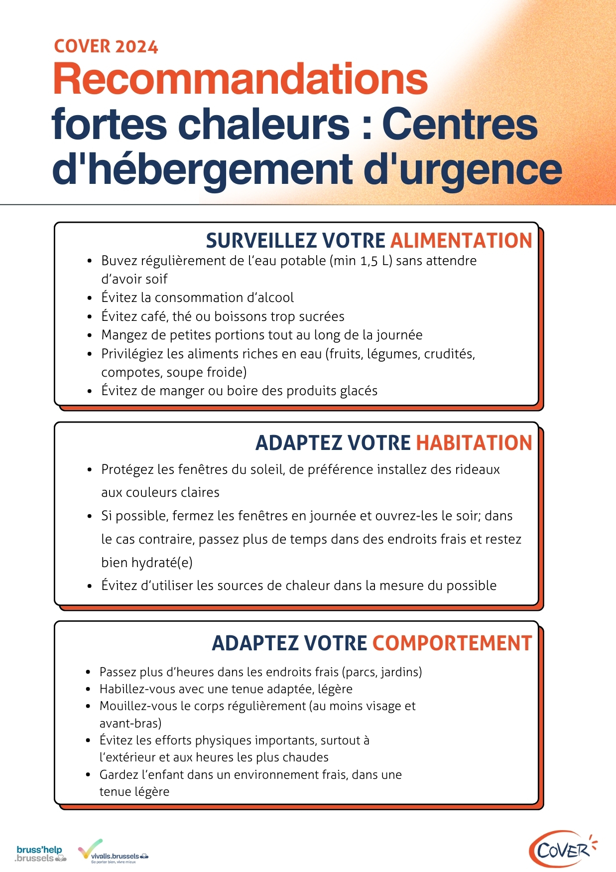 Recommandations en cas de fortes chaleurs par Cover à destination des centres d'hébergement d'urgence à Bruxelles