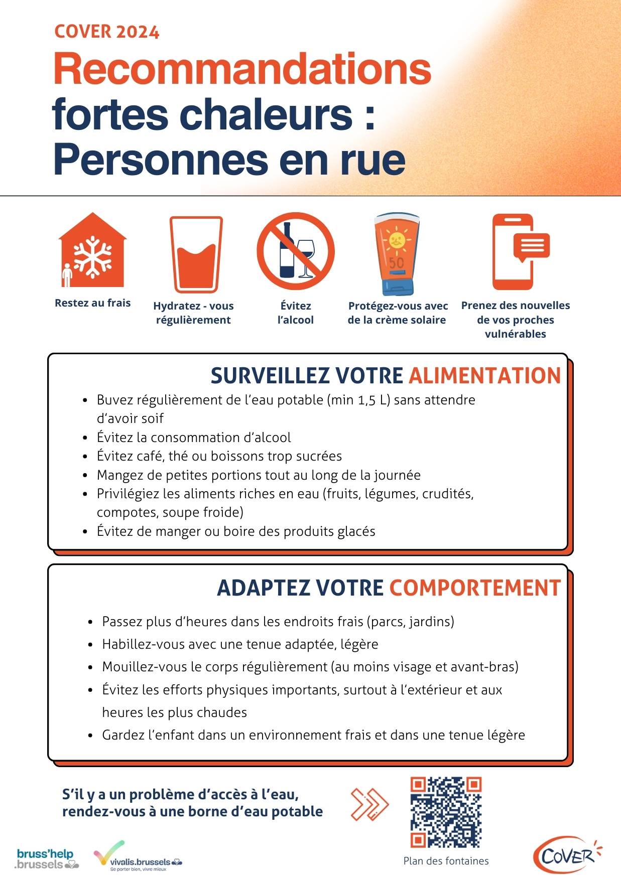 Recommandations en cas de fortes chaleurs conçues par Cover pour les personnes à la rue et sdf à Bruxelles