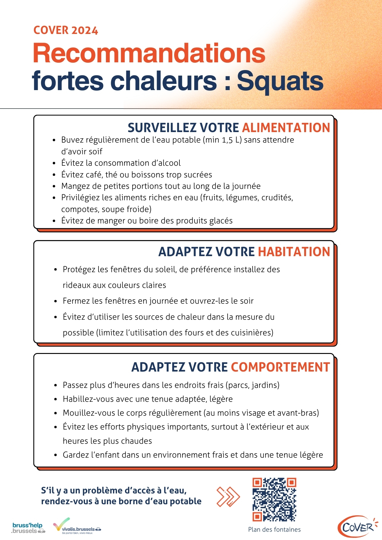 Recommandations en cas de fortes chaleurs par rédigées par Cover à destination des personnes vivant en squats situés dans la ville de Bruxelles